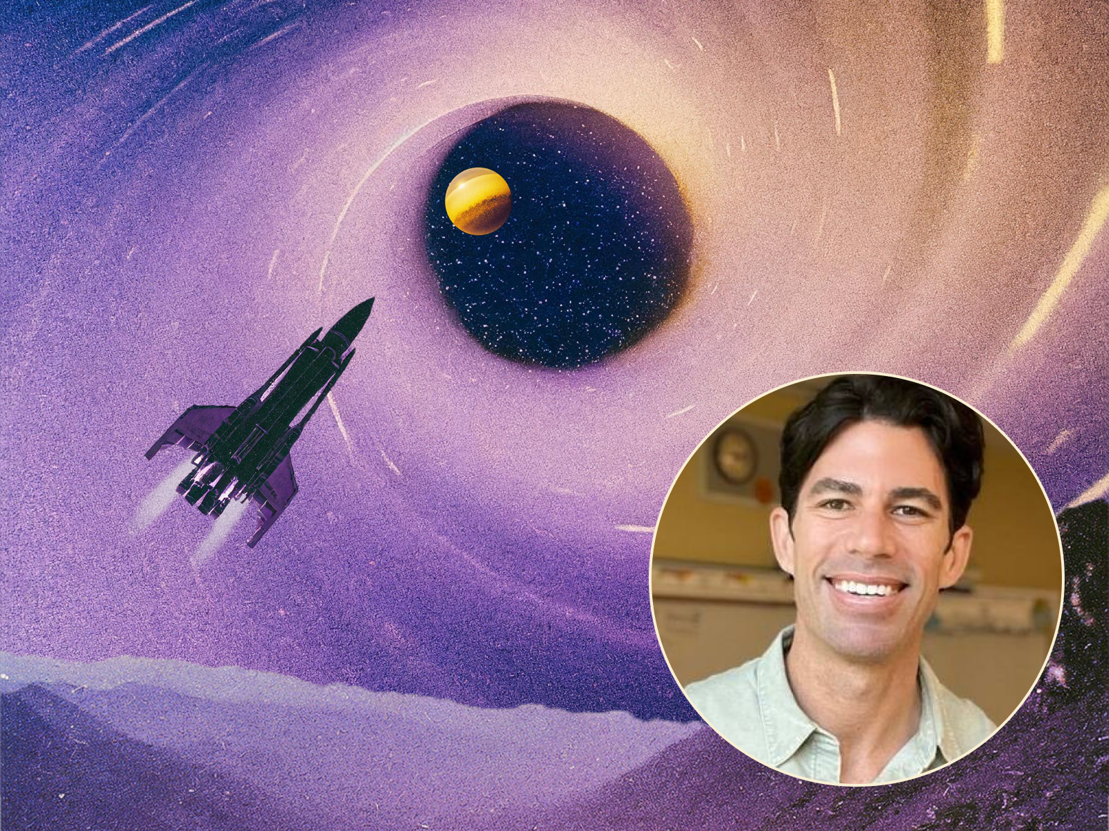 Image of the speaker Nicholas Ferroni with the background of a space ship and a purple vortex
